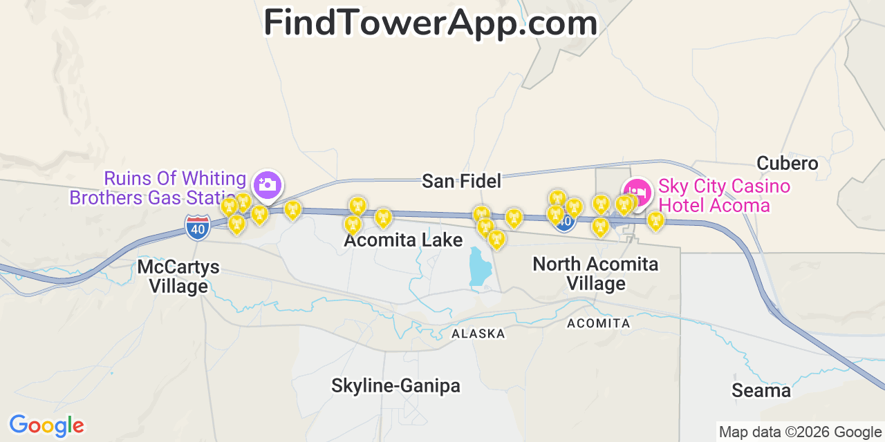Map showing the 20 primary cell tower locations detected in Skyline Ganipa, New Mexico from AT&T, Verizon, and T-Mobile networks