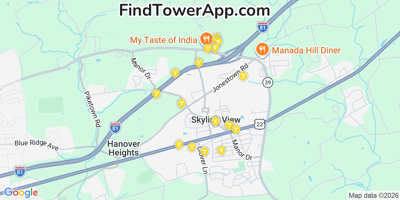 Map showing the 20 primary cell tower locations detected in Skyline View, Pennsylvania from AT&T, Verizon, and T-Mobile networks