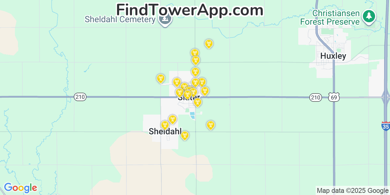 Map showing the 20 primary cell tower locations detected in Slater, Iowa from AT&T, Verizon, and T-Mobile networks