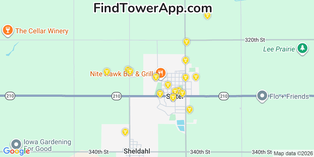 Map showing the 20 primary cell tower locations detected in Slater, Iowa from AT&T, Verizon, and T-Mobile networks