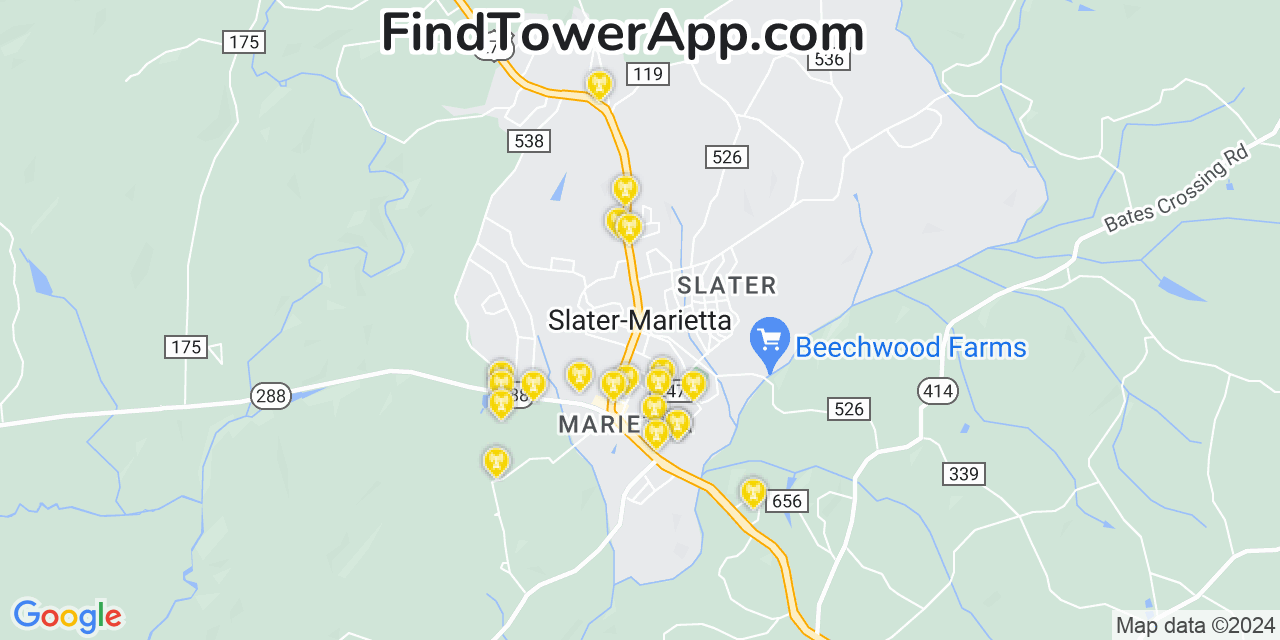 AT&T 4G/5G cell tower coverage map Slater Marietta, South Carolina