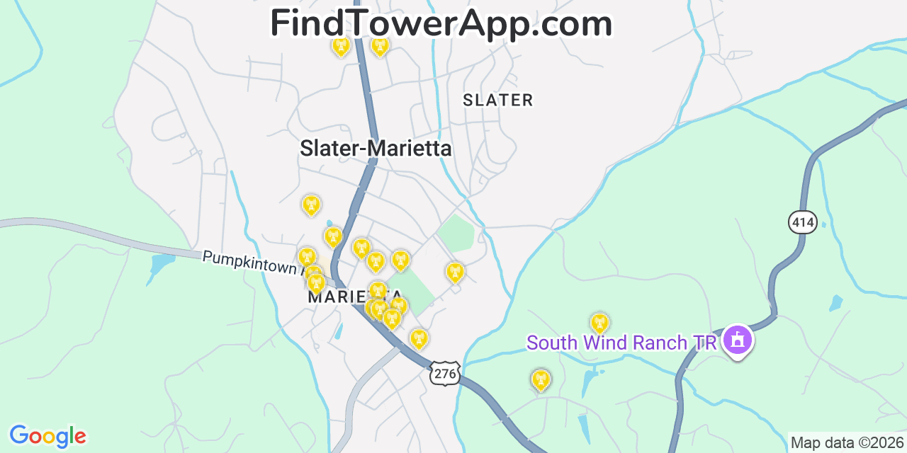 Map showing the 20 primary cell tower locations detected in Slater Marietta, South Carolina from AT&T, Verizon, and T-Mobile networks