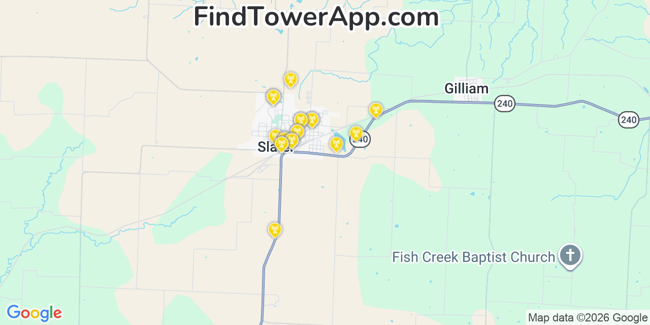 Map showing the 20 primary cell tower locations detected in Slater, Missouri from AT&T, Verizon, and T-Mobile networks