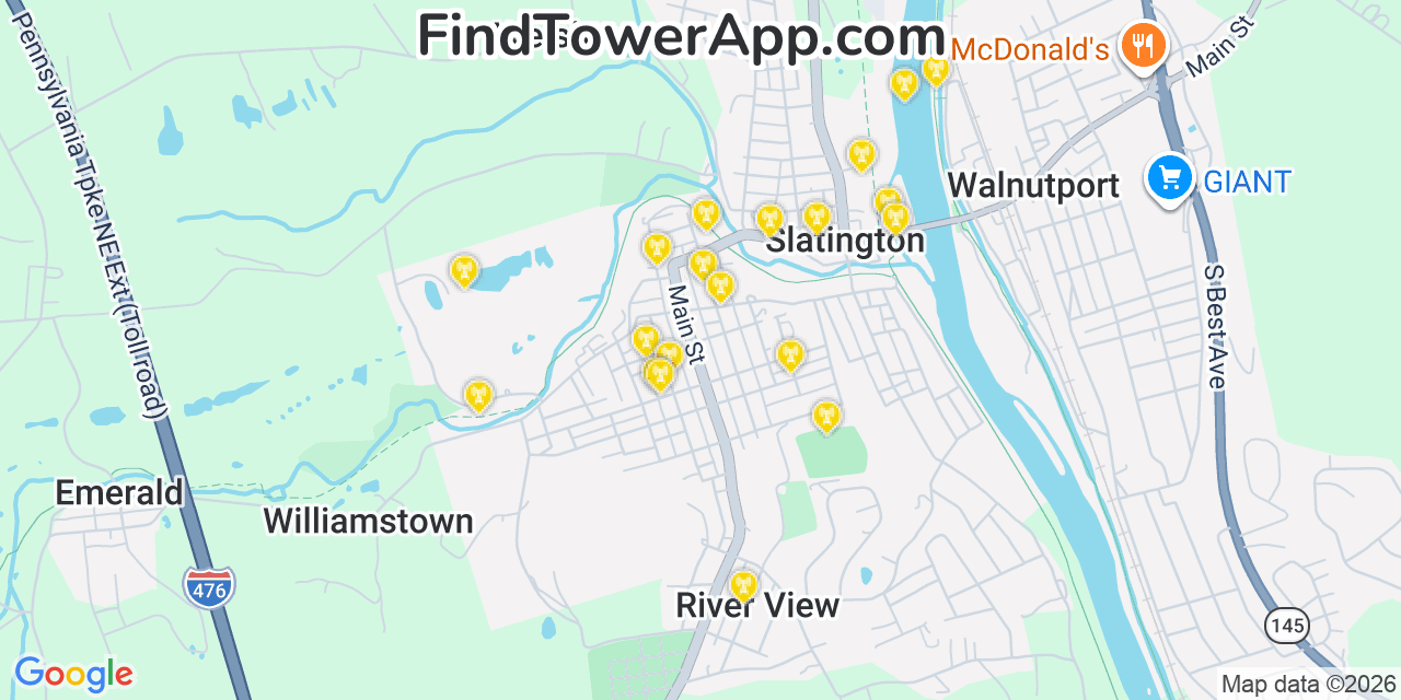 Map showing the 20 primary cell tower locations detected in Slatington, Pennsylvania from AT&T, Verizon, and T-Mobile networks