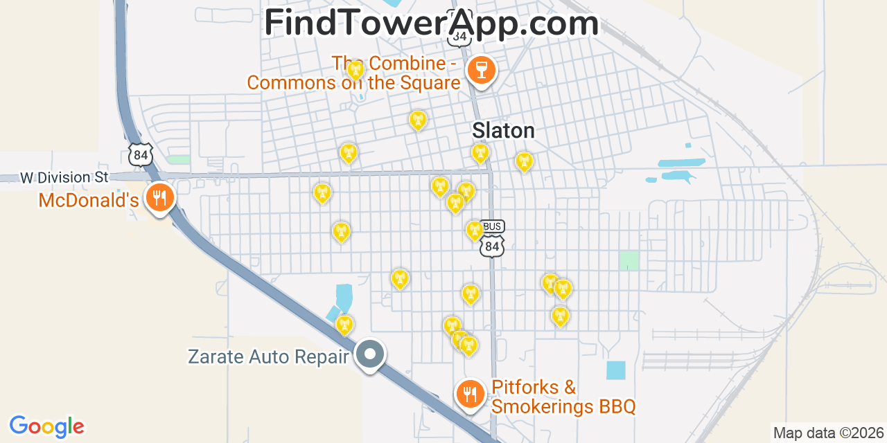 Map showing the 20 primary cell tower locations detected in Slaton, Texas from AT&T, Verizon, and T-Mobile networks