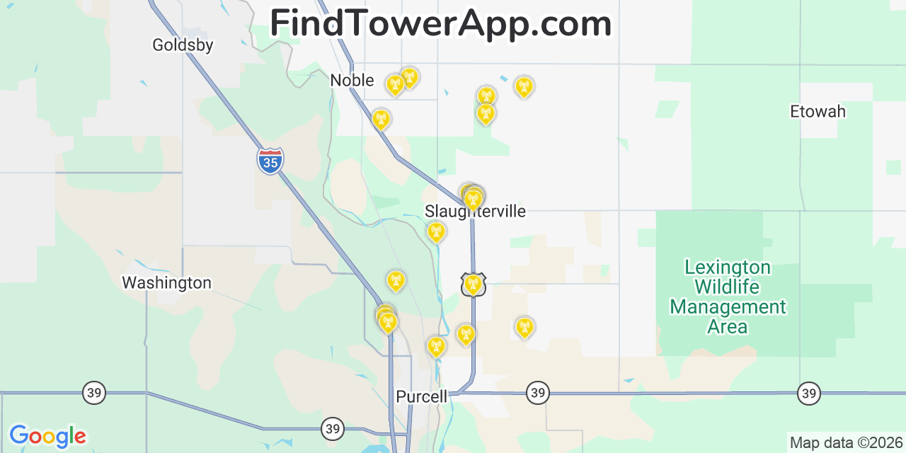 Map showing the 20 primary cell tower locations detected in Slaughterville, Oklahoma from AT&T, Verizon, and T-Mobile networks