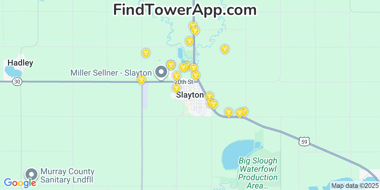Map showing the 20 primary cell tower locations detected in Slayton, Minnesota from AT&T, Verizon, and T-Mobile networks