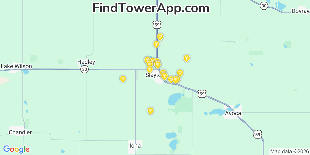 Map showing the 20 primary cell tower locations detected in Slayton, Minnesota from AT&T, Verizon, and T-Mobile networks