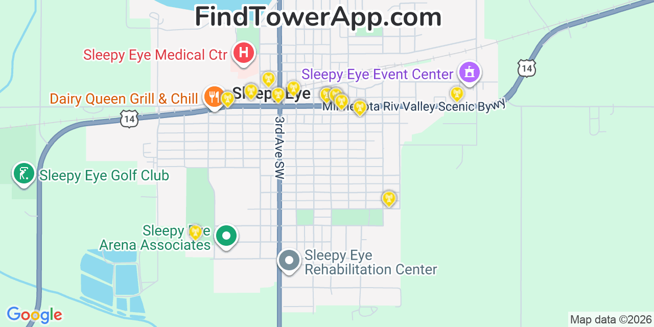 Map showing the 20 primary cell tower locations detected in Sleepy Eye, Minnesota from AT&T, Verizon, and T-Mobile networks