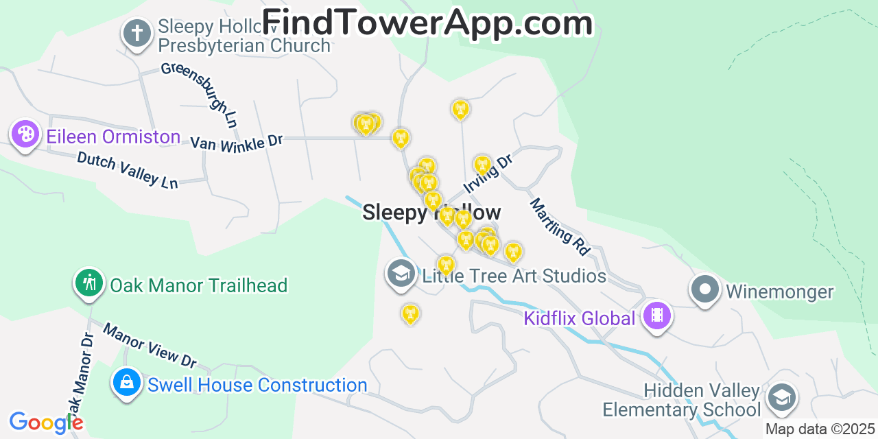 Map showing the 20 primary cell tower locations detected in Sleepy Hollow, California from AT&T, Verizon, and T-Mobile networks