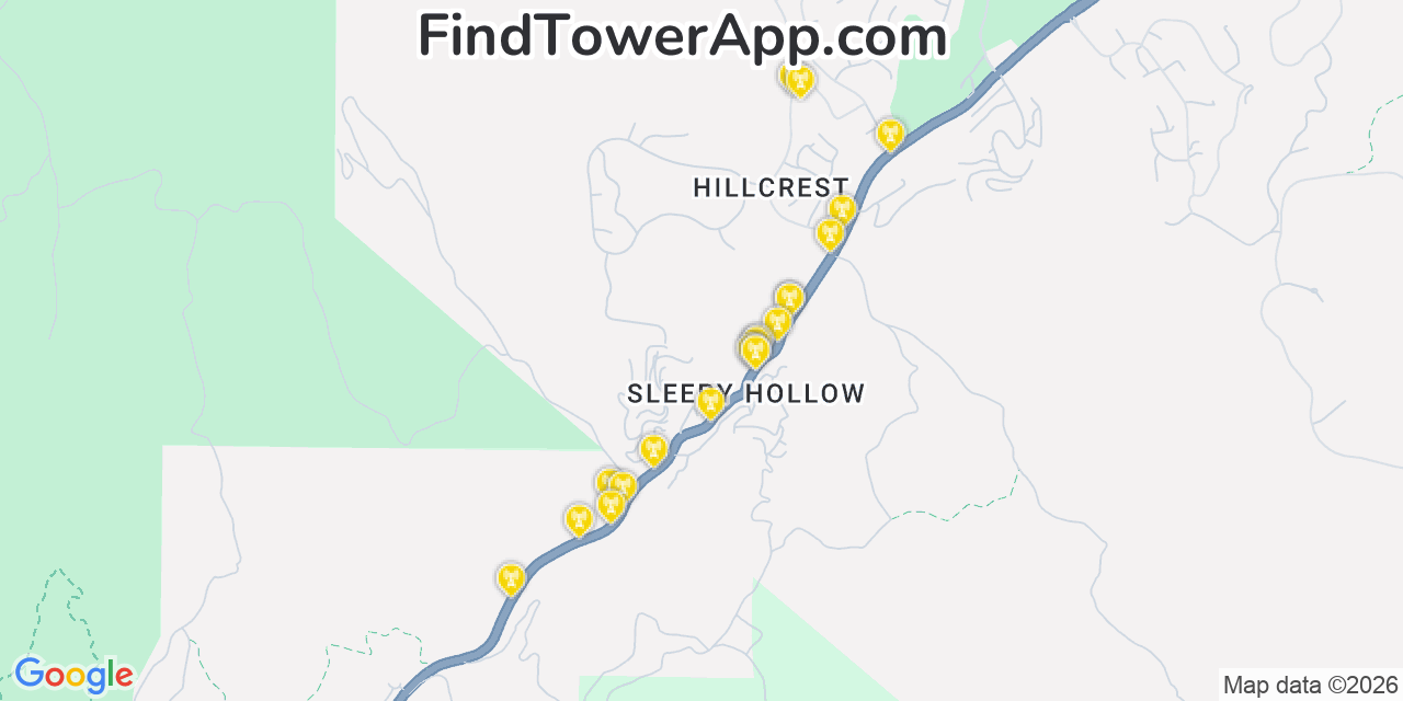 Map showing the 20 primary cell tower locations detected in Sleepy Hollow, California from AT&T, Verizon, and T-Mobile networks