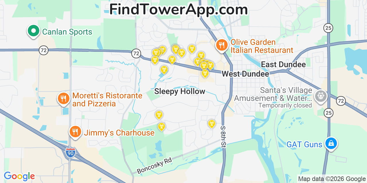 Map showing the 20 primary cell tower locations detected in Sleepy Hollow, Illinois from AT&T, Verizon, and T-Mobile networks