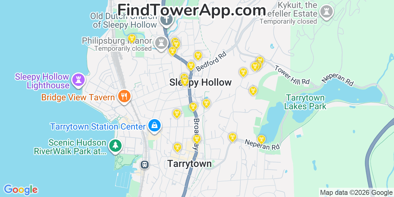 Map showing the 20 primary cell tower locations detected in Sleepy Hollow, New York from AT&T, Verizon, and T-Mobile networks