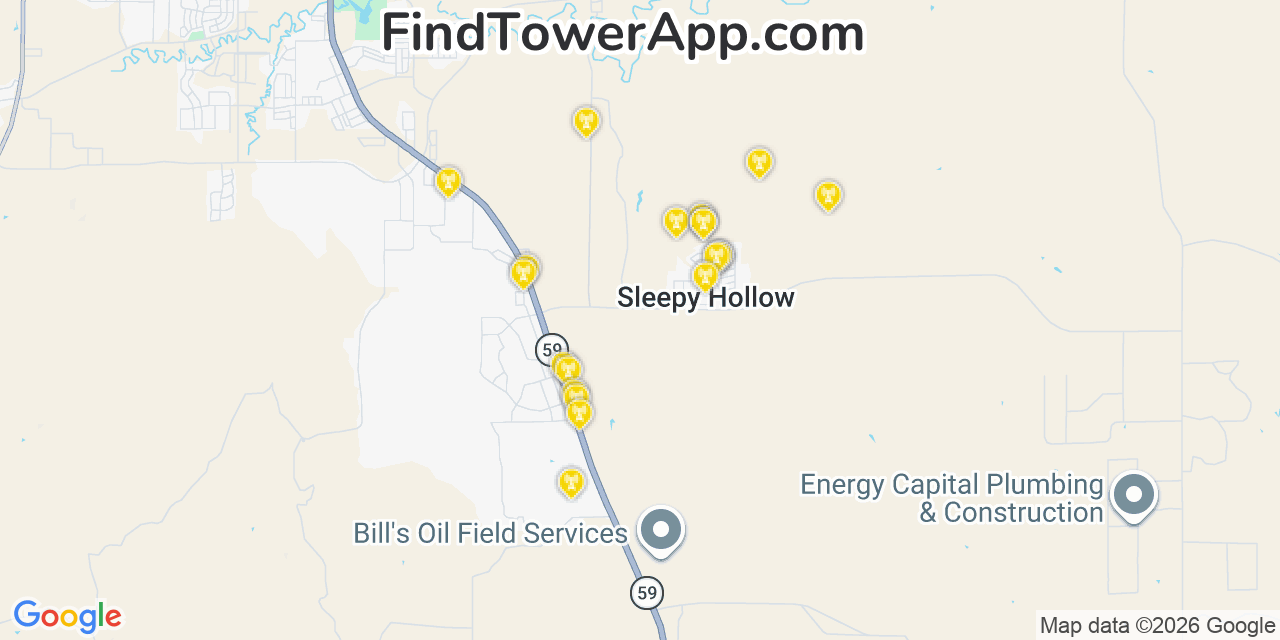 Map showing the 20 primary cell tower locations detected in Sleepy Hollow, Wyoming from AT&T, Verizon, and T-Mobile networks