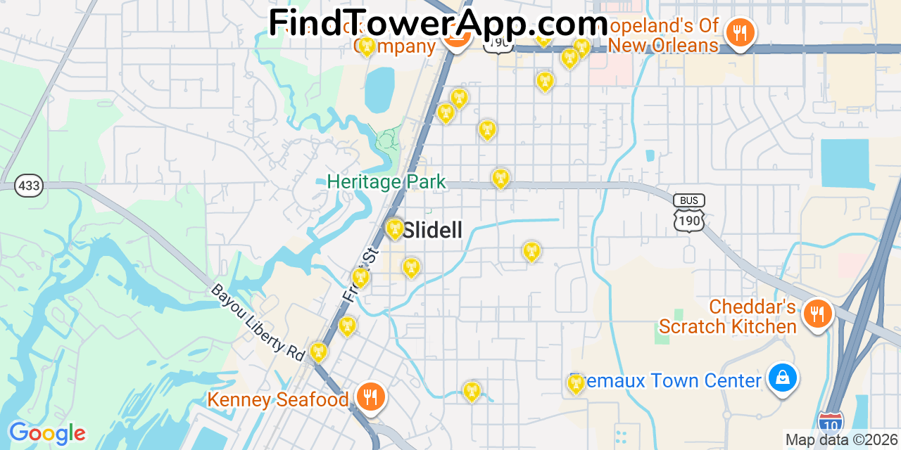 Map showing the 20 primary cell tower locations detected in Slidell, Louisiana from AT&T, Verizon, and T-Mobile networks