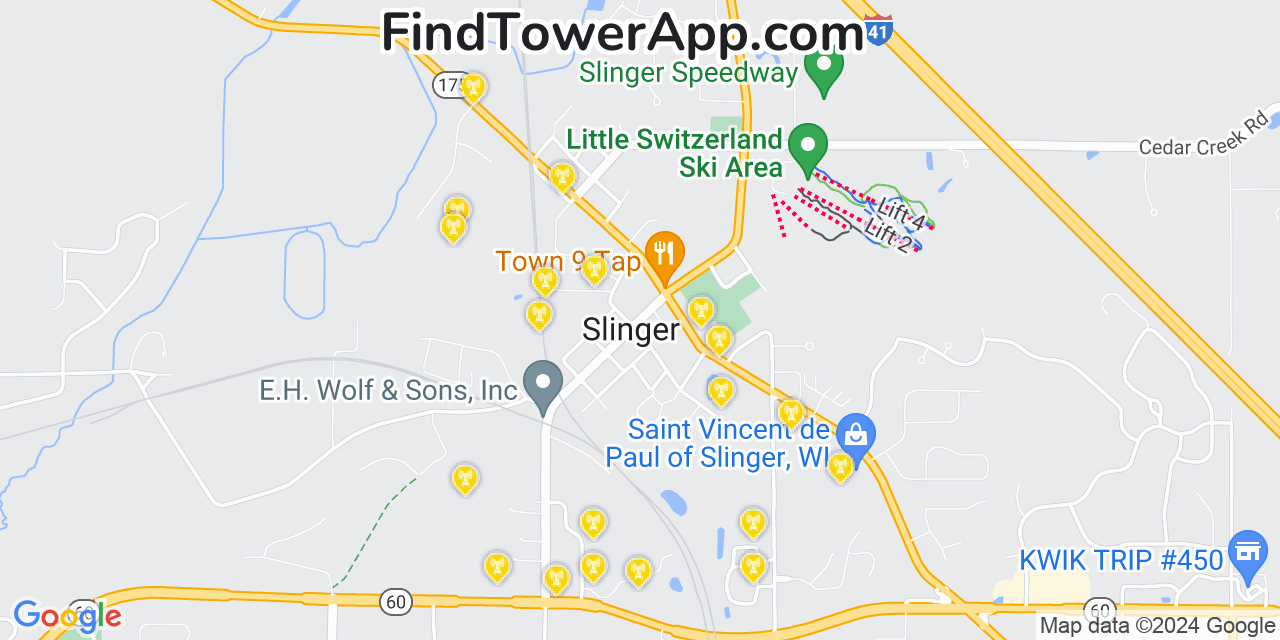 AT&T 4G/5G cell tower coverage map Slinger, Wisconsin