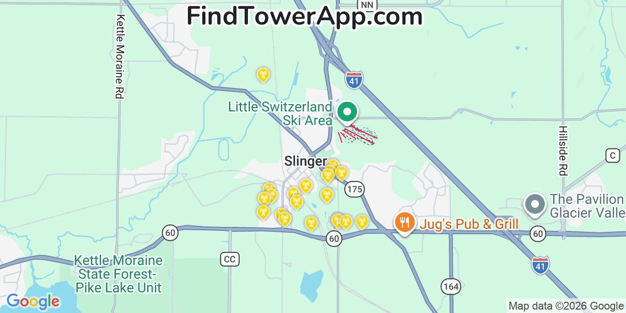 Map showing the 20 primary cell tower locations detected in Slinger, Wisconsin from AT&T, Verizon, and T-Mobile networks