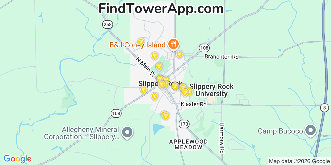 Map showing the 20 primary cell tower locations detected in Slippery Rock, Pennsylvania from AT&T, Verizon, and T-Mobile networks