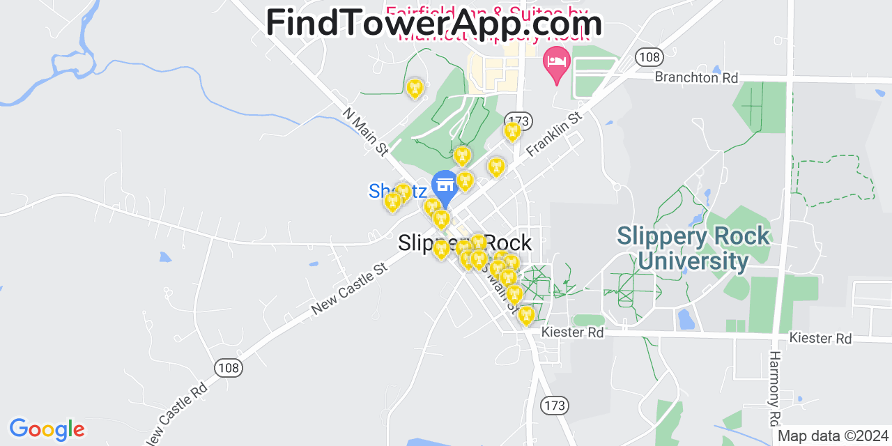 Verizon 4G/5G cell tower coverage map Slippery Rock, Pennsylvania