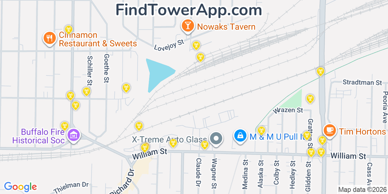 Map showing the 20 primary cell tower locations detected in Sloan, New York from AT&T, Verizon, and T-Mobile networks