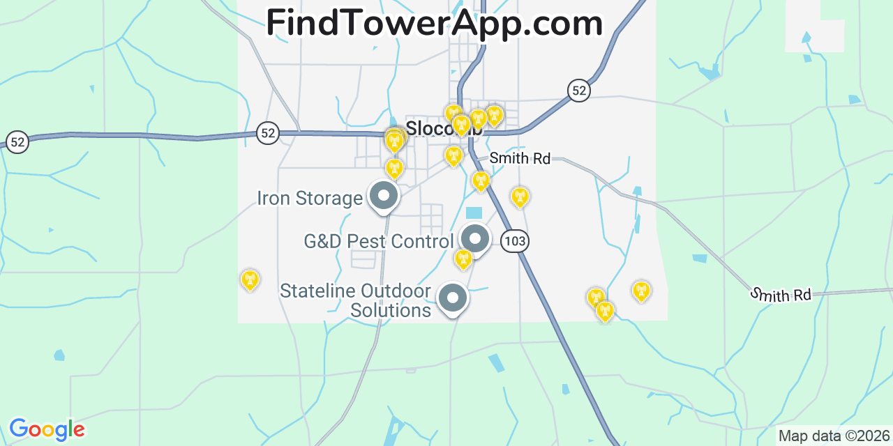 Map showing the 20 primary cell tower locations detected in Slocomb, Alabama from AT&T, Verizon, and T-Mobile networks
