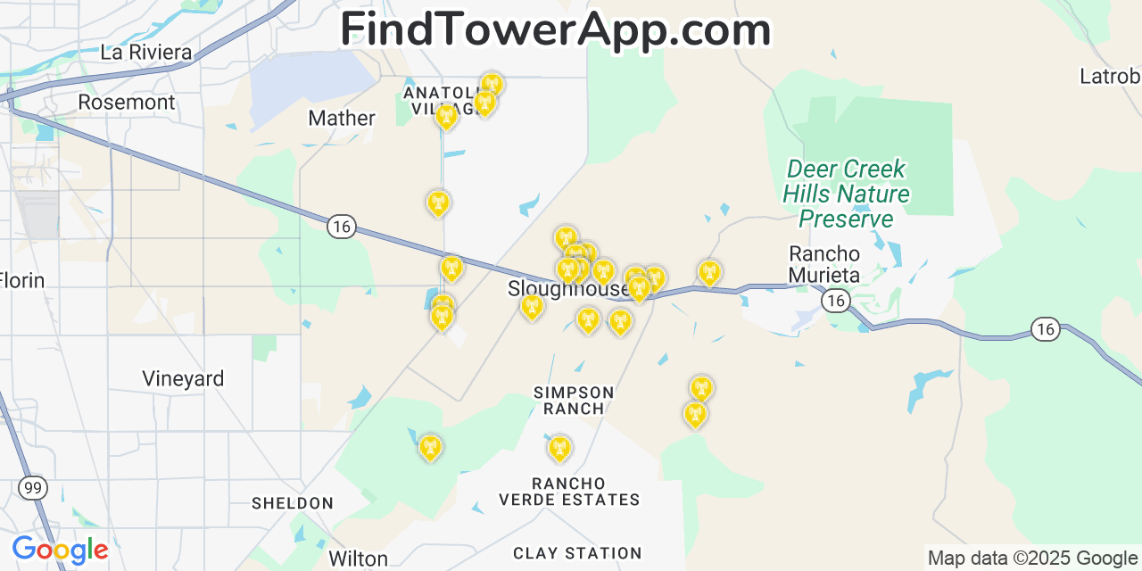 Map showing the 25 primary AT&T cell tower locations detected in Sloughhouse, California with coverage radius and signal strength indicators