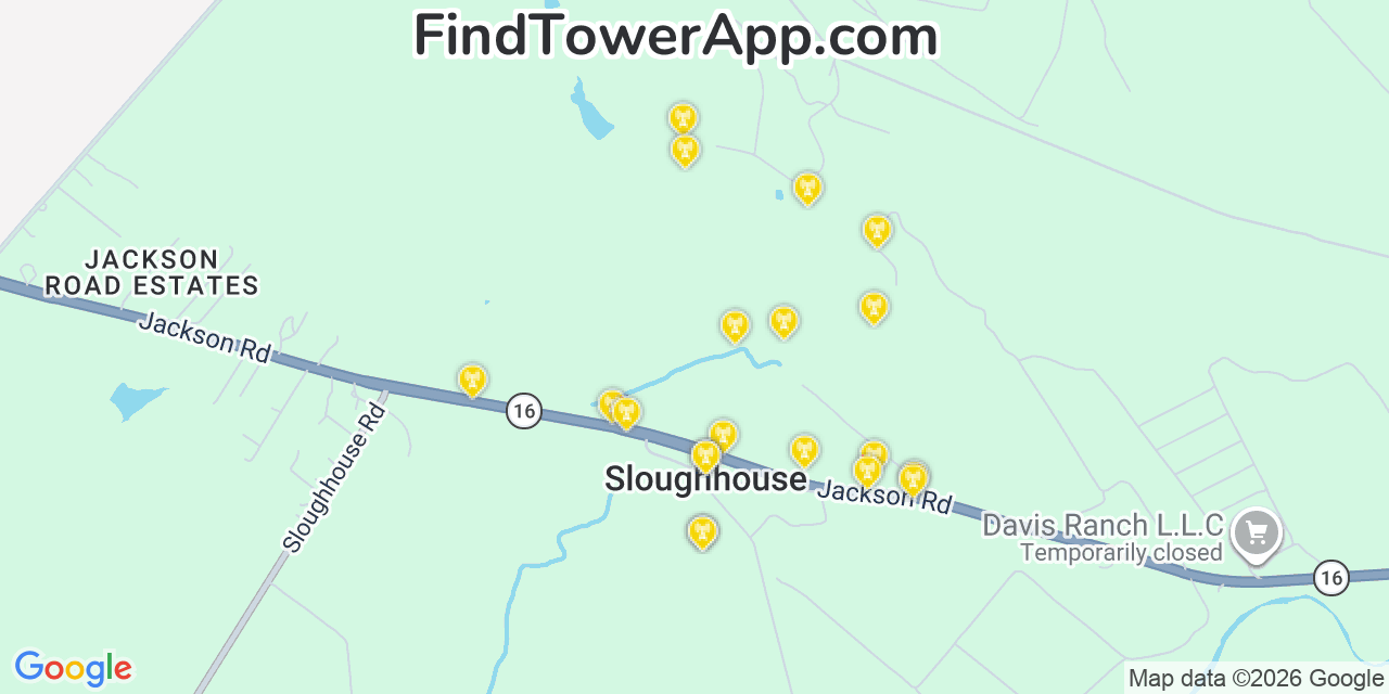 Map showing the 20 primary cell tower locations detected in Sloughhouse, California from AT&T, Verizon, and T-Mobile networks