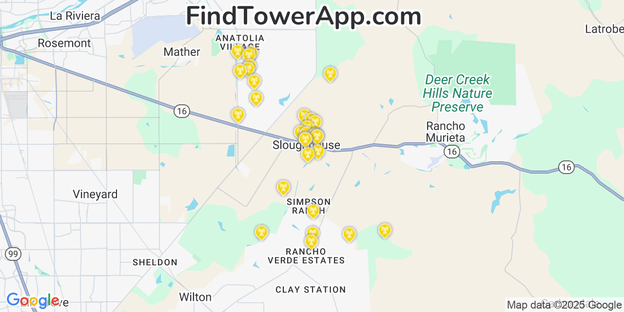 Map showing the 31 primary T-Mobile cell tower locations detected in Sloughhouse, California with coverage radius and signal strength indicators