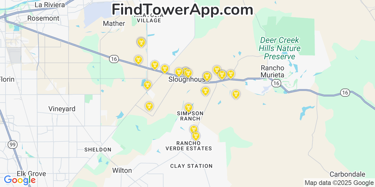 Map showing the 22 primary Verizon cell tower locations detected in Sloughhouse, California with coverage radius and signal strength indicators