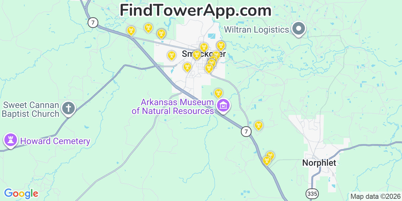 Map showing the 20 primary cell tower locations detected in Smackover, Arkansas from AT&T, Verizon, and T-Mobile networks