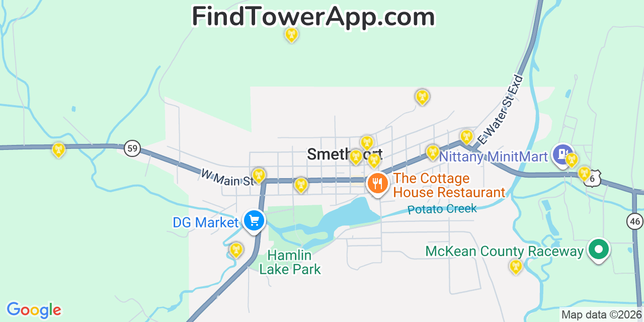Map showing the 20 primary cell tower locations detected in Smethport, Pennsylvania from AT&T, Verizon, and T-Mobile networks