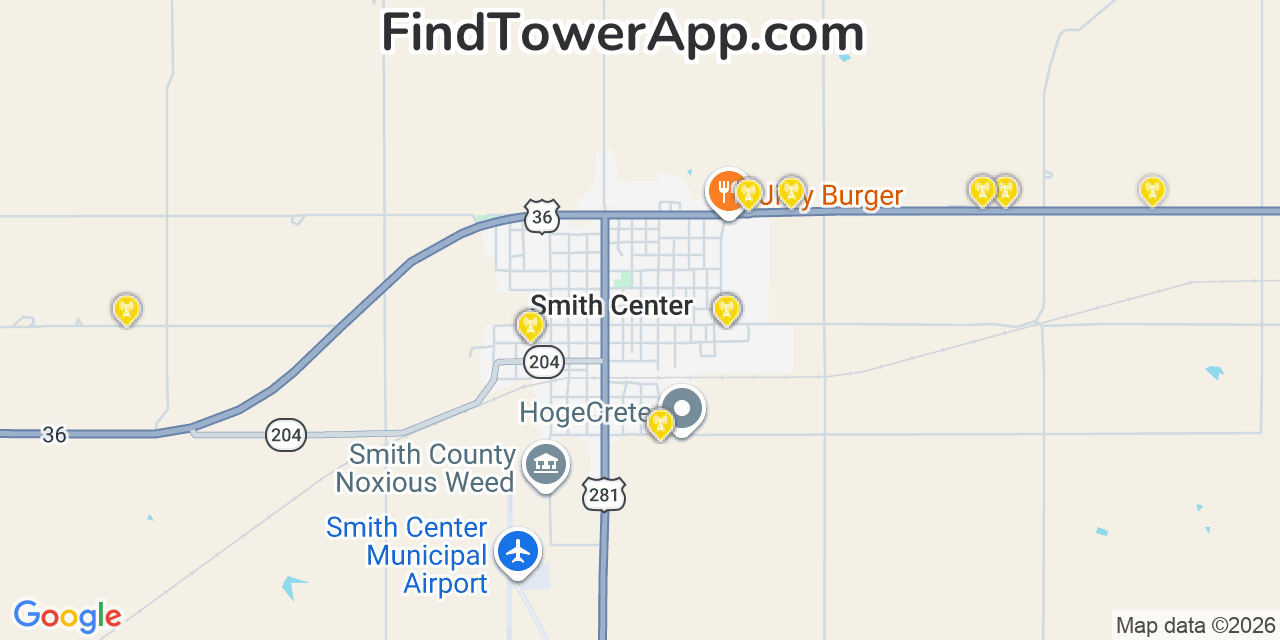 Map showing the 20 primary cell tower locations detected in Smith Center, Kansas from AT&T, Verizon, and T-Mobile networks