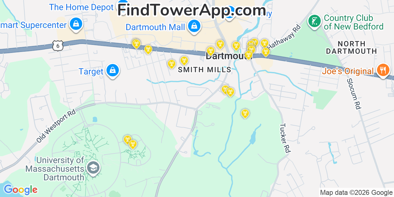 Map showing the 20 primary cell tower locations detected in Smith Mills, Massachusetts from AT&T, Verizon, and T-Mobile networks