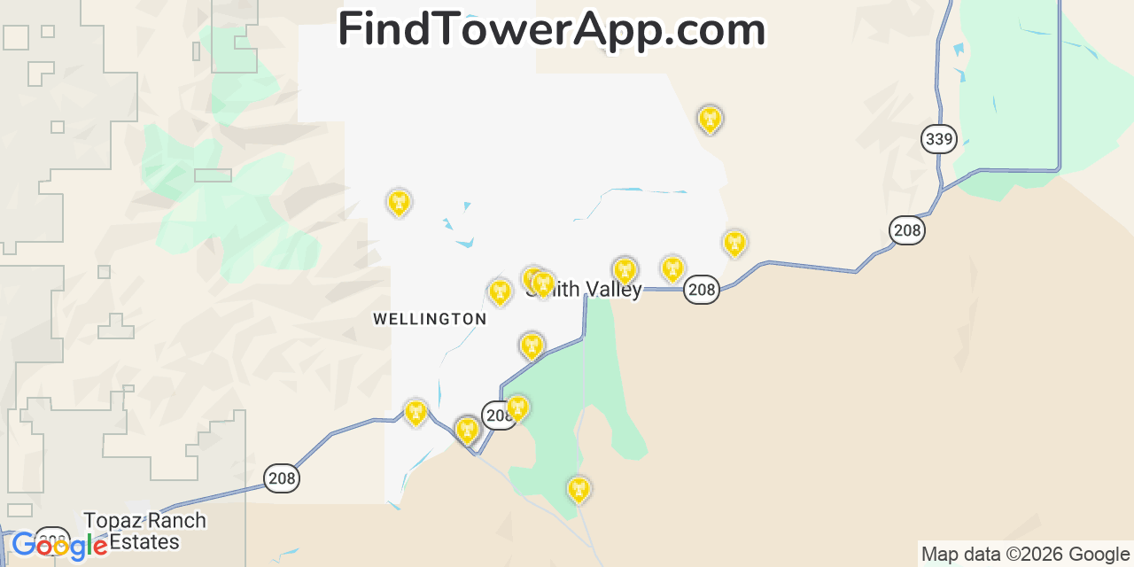 Map showing the 20 primary cell tower locations detected in Smith, Nevada from AT&T, Verizon, and T-Mobile networks