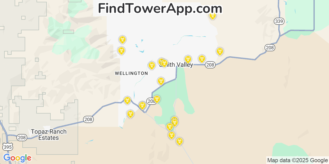 Map showing the 20 primary cell tower locations detected in Smith Valley, Nevada from AT&T, Verizon, and T-Mobile networks