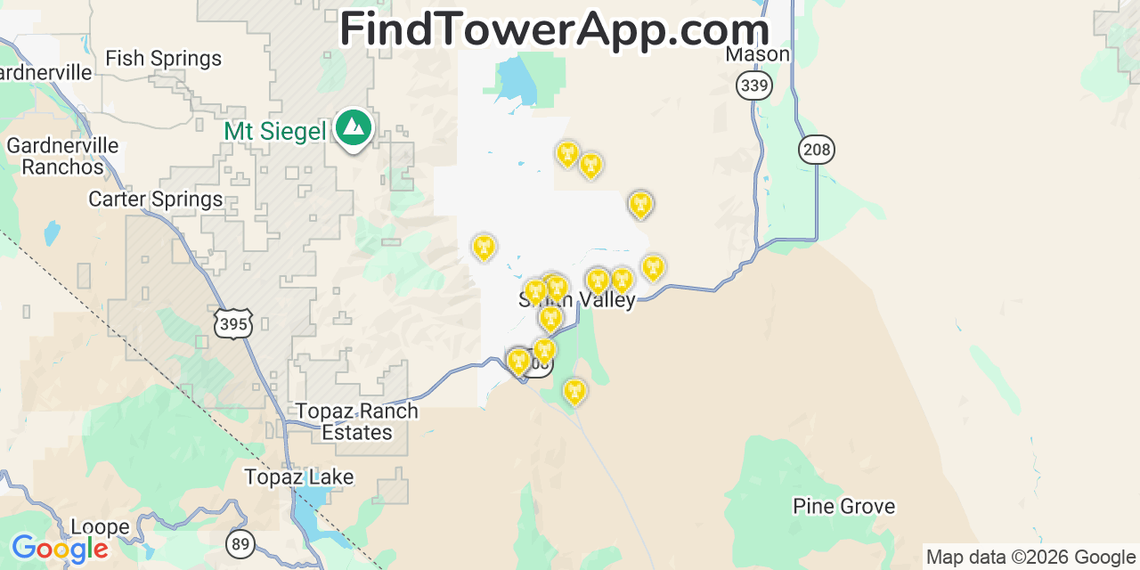 Map showing the 20 primary cell tower locations detected in Smith Valley, Nevada from AT&T, Verizon, and T-Mobile networks