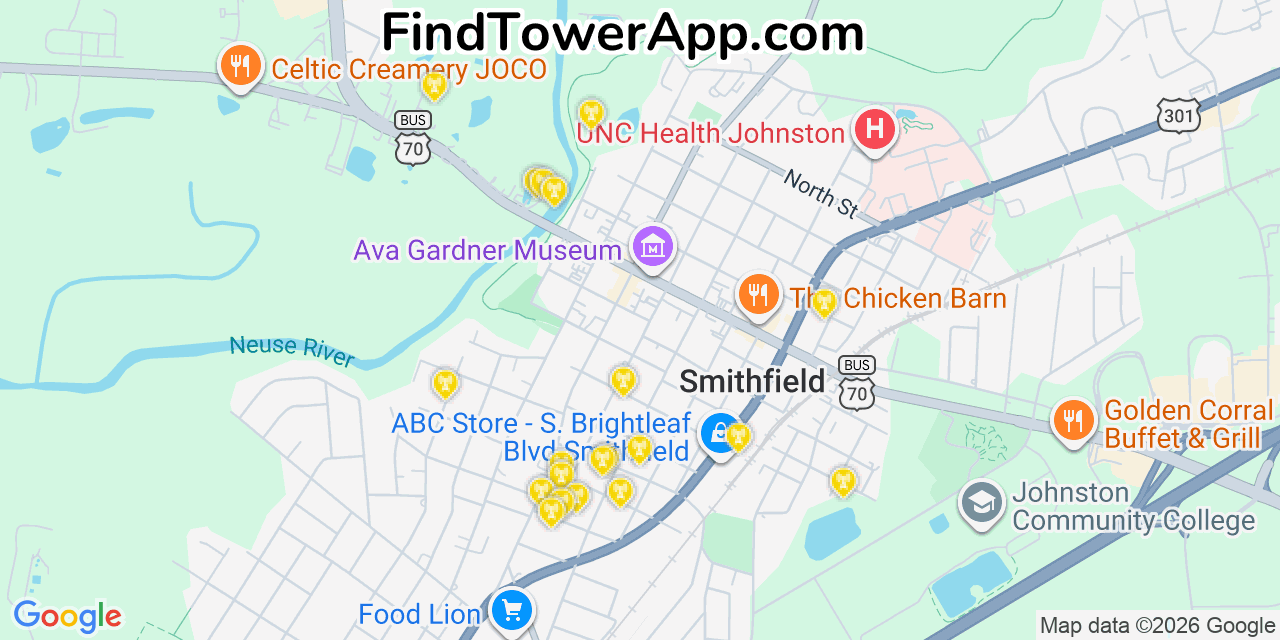 Map showing the 20 primary cell tower locations detected in Smithfield, North Carolina from AT&T, Verizon, and T-Mobile networks