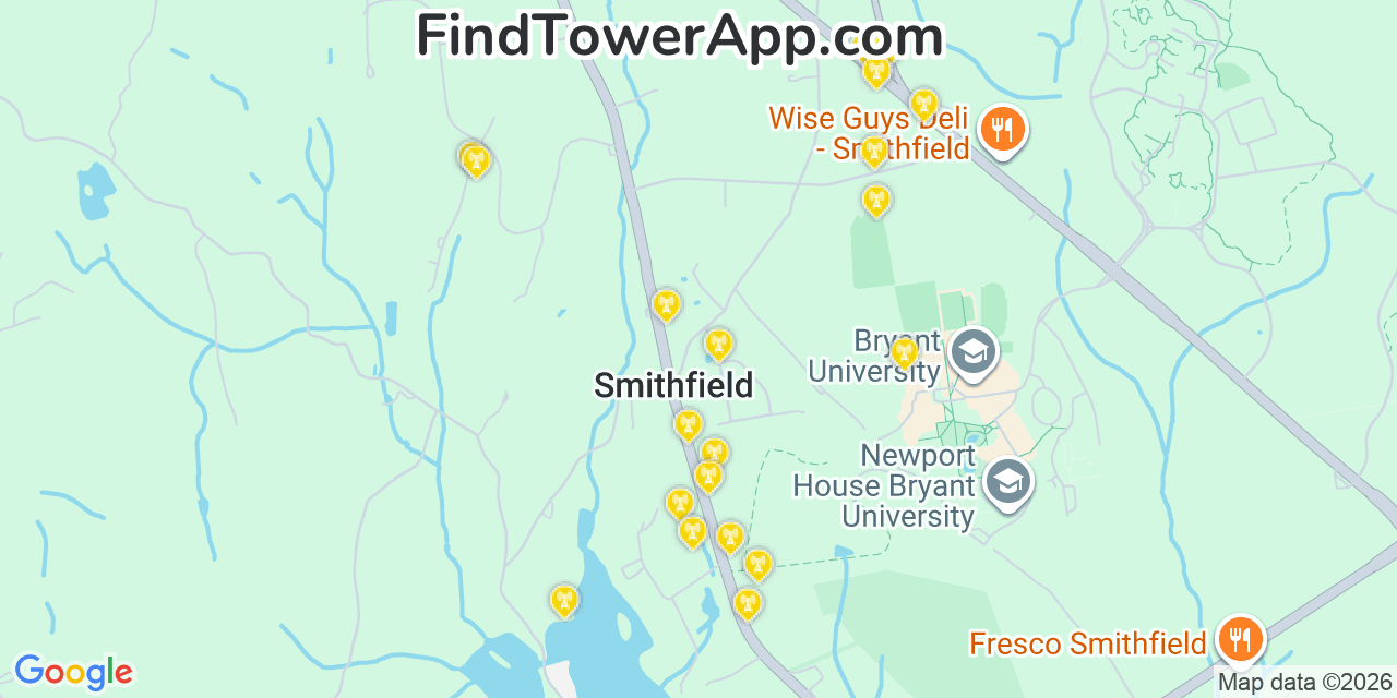 Map showing the 20 primary cell tower locations detected in Smithfield, Rhode Island from AT&T, Verizon, and T-Mobile networks