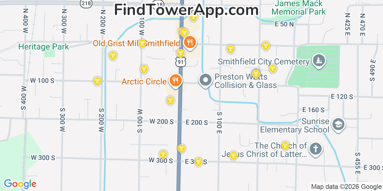 Map showing the 20 primary cell tower locations detected in Smithfield, Utah from AT&T, Verizon, and T-Mobile networks