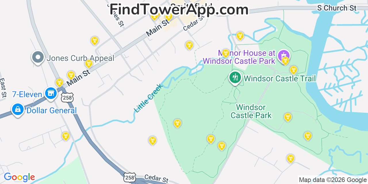 Map showing the 20 primary cell tower locations detected in Smithfield, Virginia from AT&T, Verizon, and T-Mobile networks