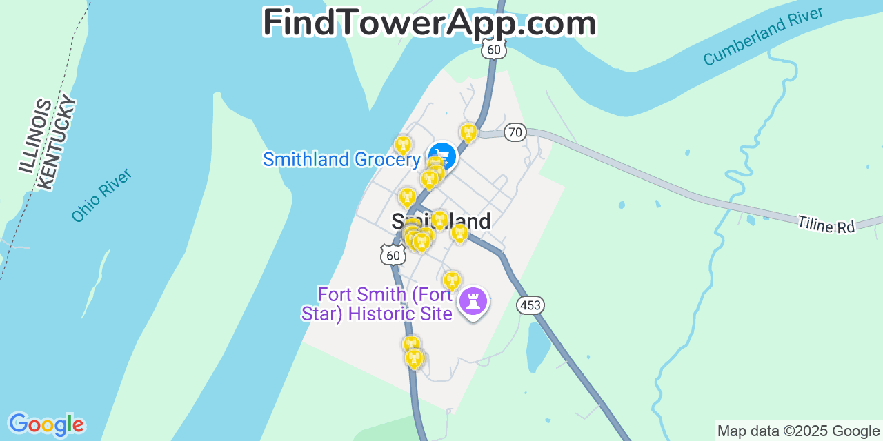 Map showing the 20 primary cell tower locations detected in Smithland, Kentucky from AT&T, Verizon, and T-Mobile networks