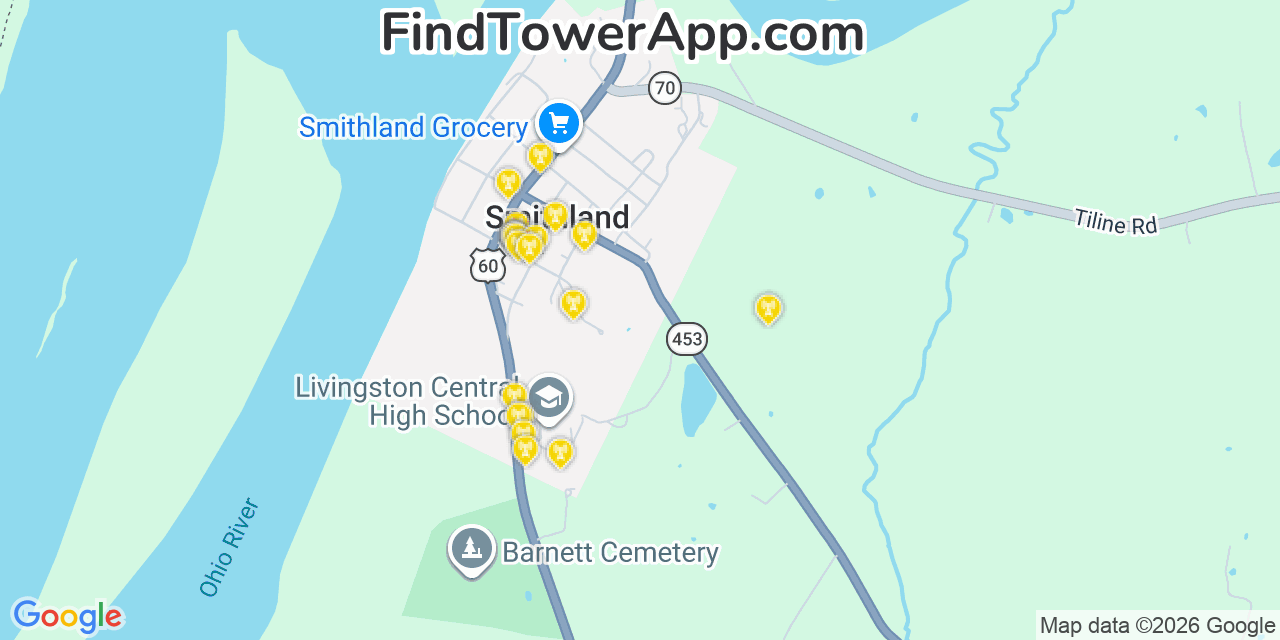 Map showing the 20 primary cell tower locations detected in Smithland, Kentucky from AT&T, Verizon, and T-Mobile networks