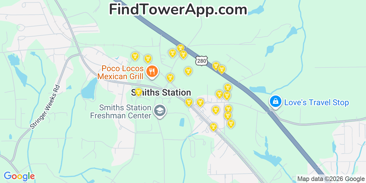Map showing the 20 primary cell tower locations detected in Smiths Station, Alabama from AT&T, Verizon, and T-Mobile networks