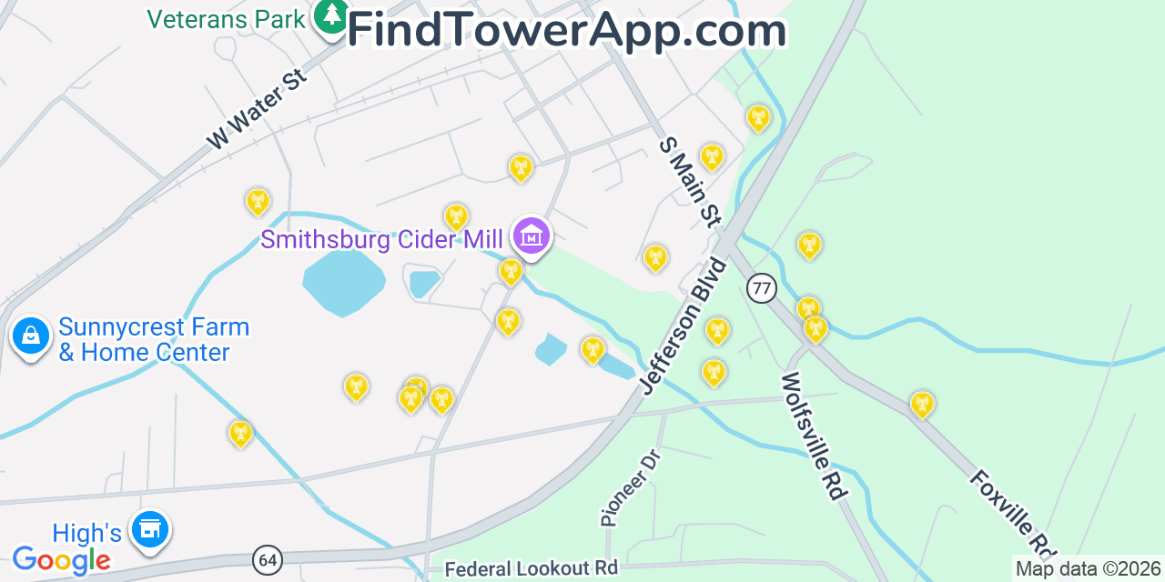 Map showing the 20 primary cell tower locations detected in Smithsburg, Maryland from AT&T, Verizon, and T-Mobile networks
