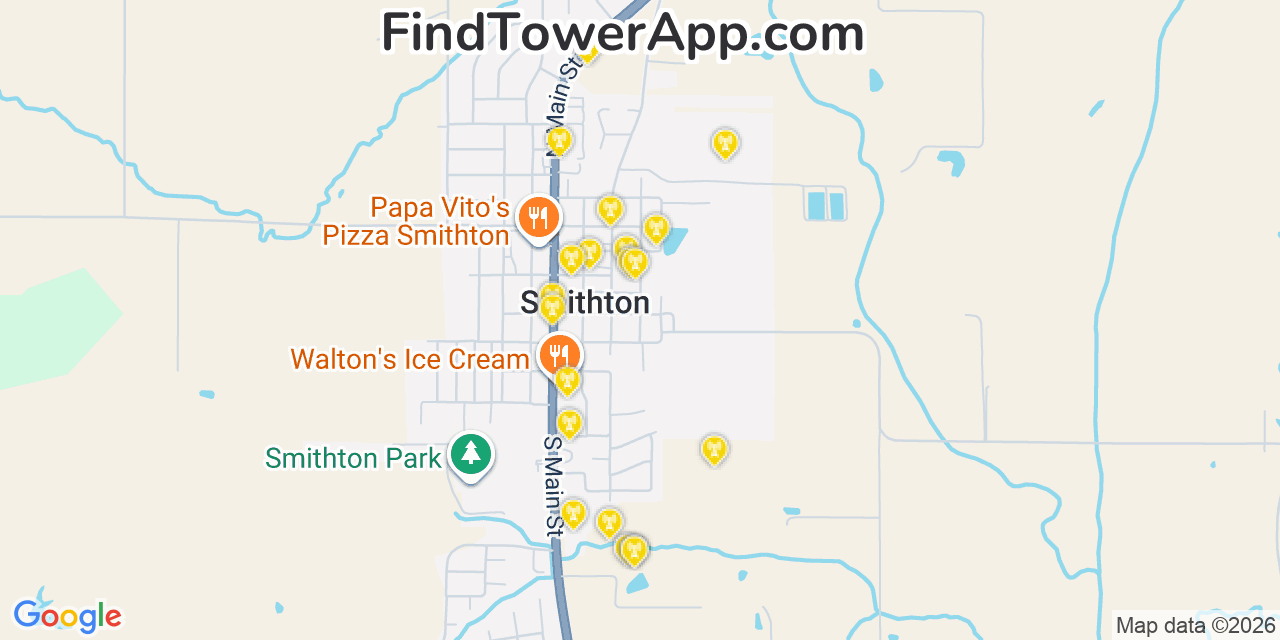Map showing the 20 primary cell tower locations detected in Smithton, Illinois from AT&T, Verizon, and T-Mobile networks