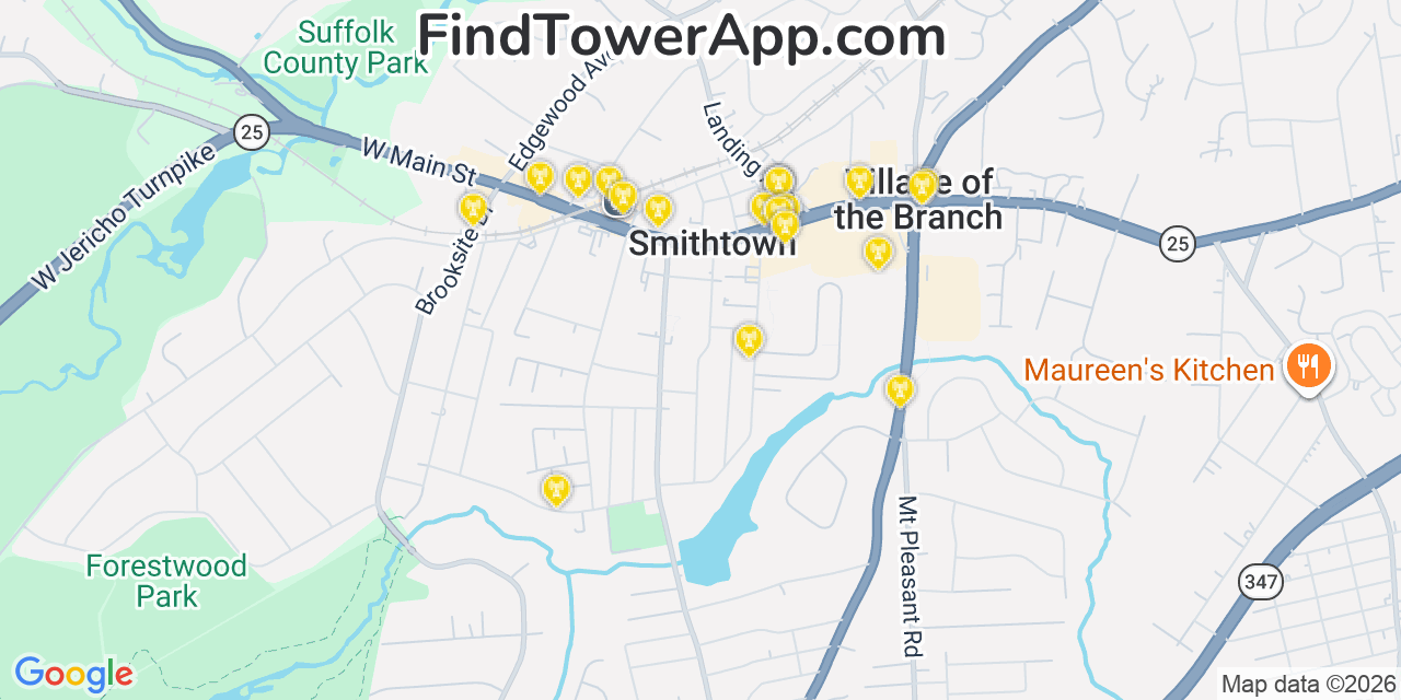 Map showing the 20 primary cell tower locations detected in Smithtown, New York from AT&T, Verizon, and T-Mobile networks