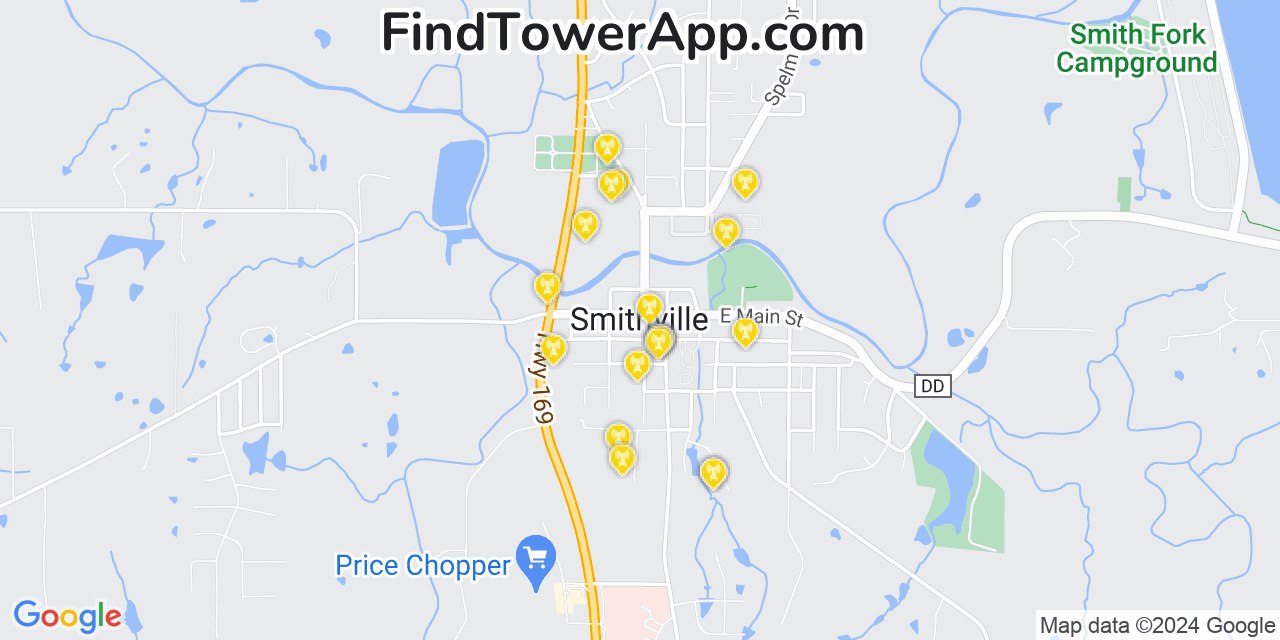 AT&T 4G/5G cell tower coverage map Smithville, Missouri