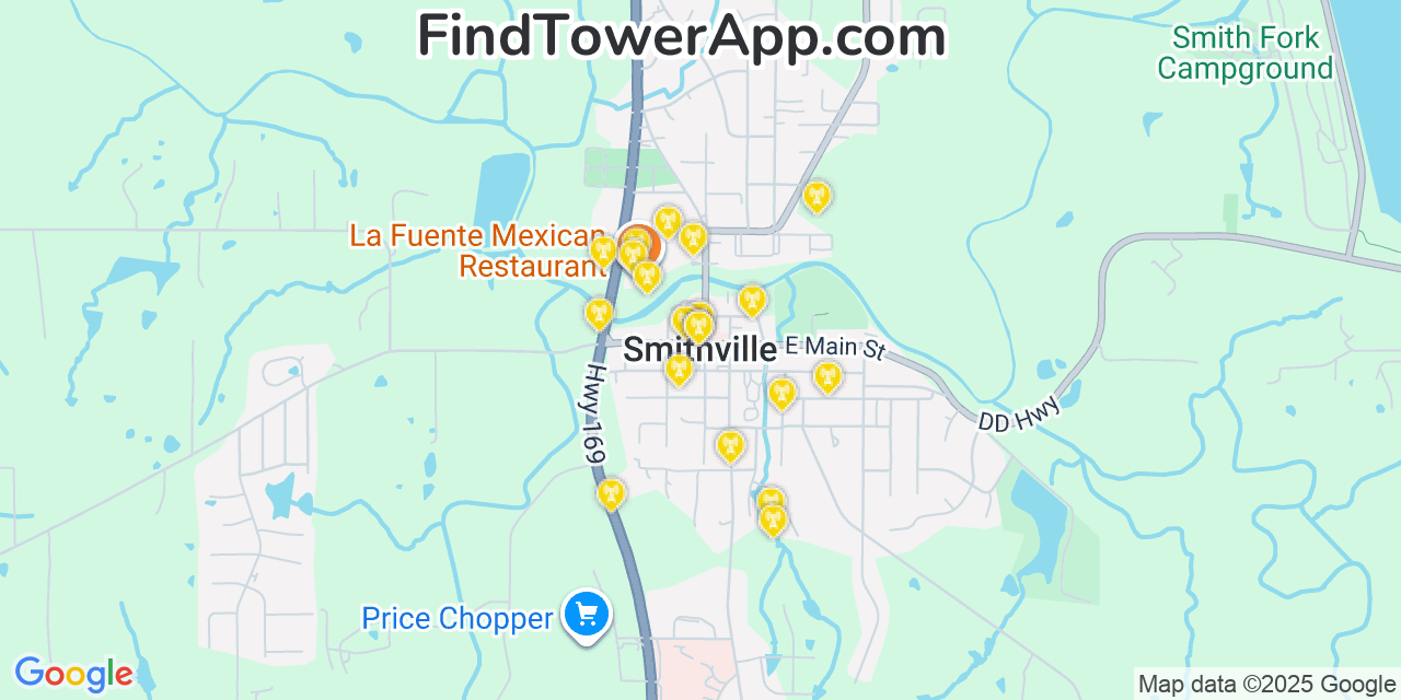 Map showing the 20 primary cell tower locations detected in Smithville, Missouri from AT&T, Verizon, and T-Mobile networks