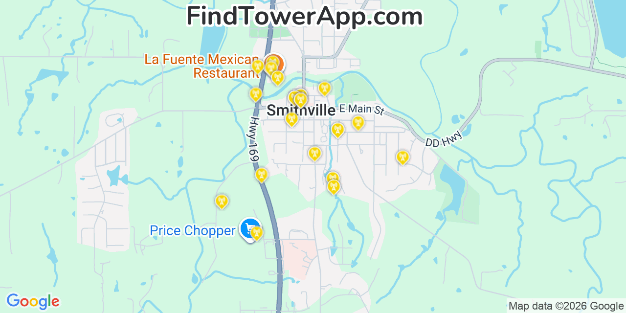 Map showing the 20 primary cell tower locations detected in Smithville, Missouri from AT&T, Verizon, and T-Mobile networks