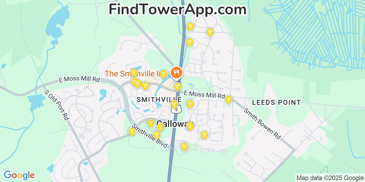 Map showing the 20 primary cell tower locations detected in Smithville, New Jersey from AT&T, Verizon, and T-Mobile networks